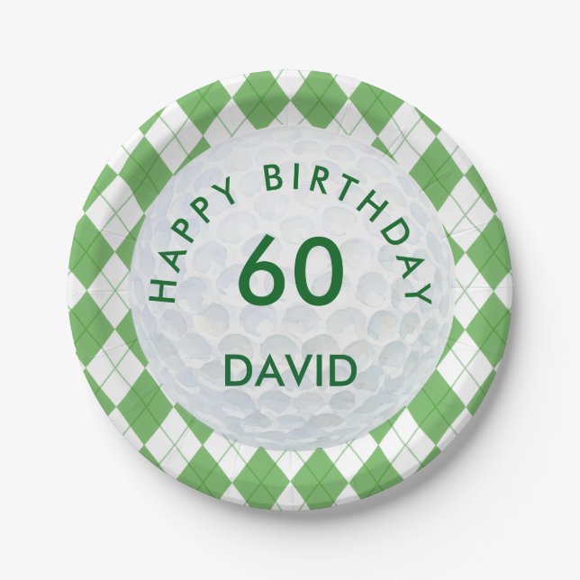 Green Argyle Plaid Golf 60th Birthday Paper Plate (Front)