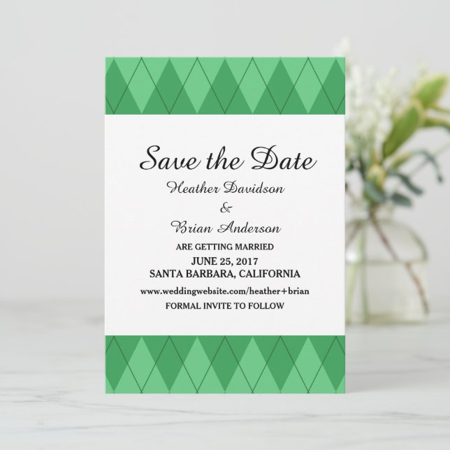 Green Argyle Save the Date Invite (Standing Front)