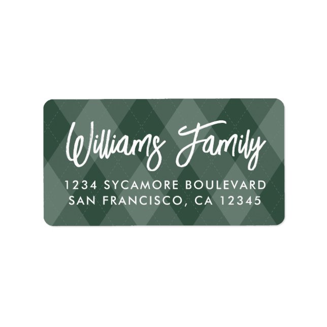 Green Argyle White Script Return Address Label (Front)