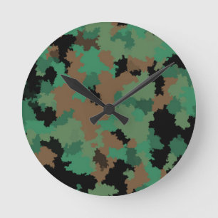Green Army Jungle Camouflage Pattern Design Round Clock