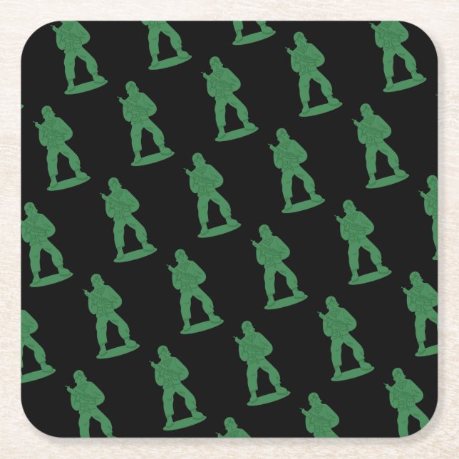 Green Army Men on Black  Square Paper Coaster (Front)