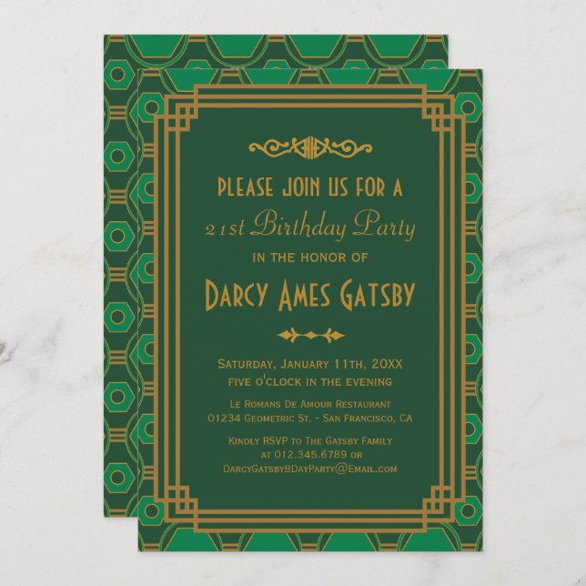 Green Art Deco Birthday Party Invitations (Front/Back)