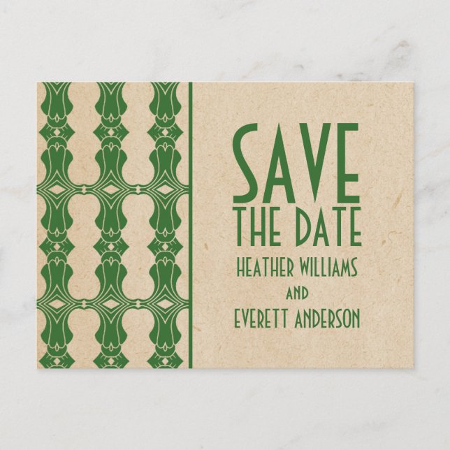 Green Art Deco Border Save the Date Postcard (Front)
