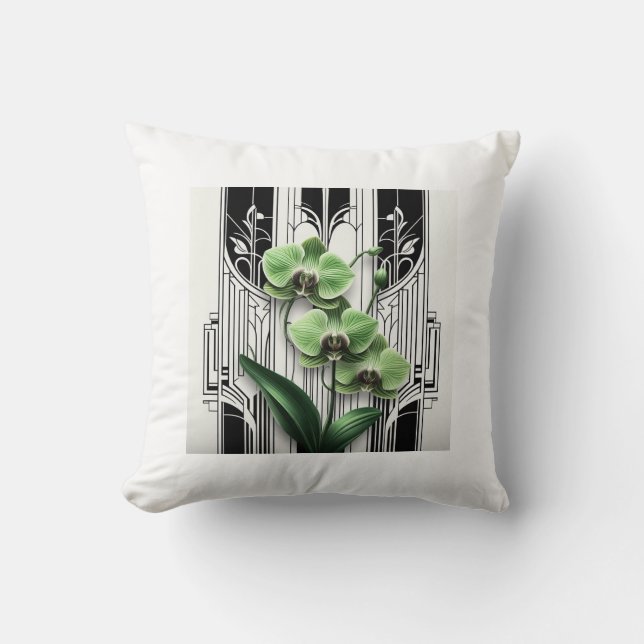 Green Art Deco Flowers Cushion (Front)