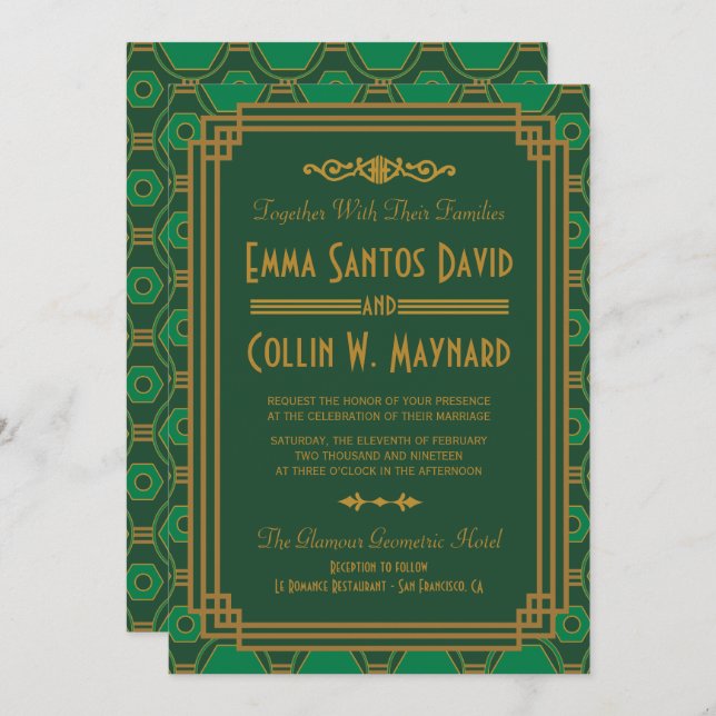 Green Art Deco Wedding Invites (Front/Back)