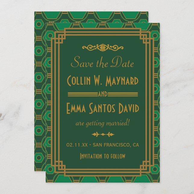 Green Art Deco Wedding Save The Date Invitation (Front/Back)