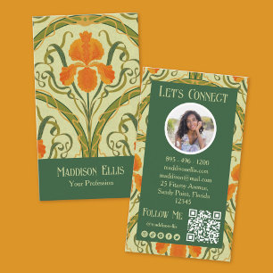 Green Art Nouveau Floral QR Code and Photo Business Card