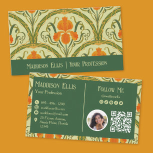 Green Art Nouveau Floral QR Code and Photo Business Card