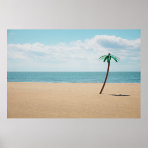 Green artificial palm tree on seashore poster