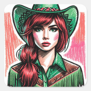 Green Artsy Lucky Cowgirl  Square Sticker
