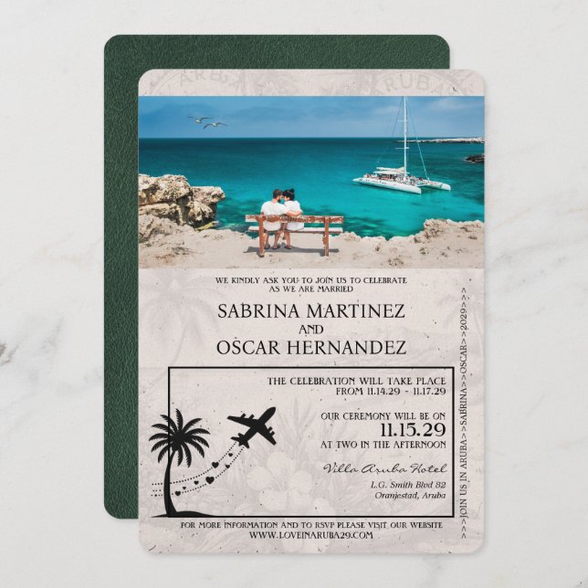 Green Aruba Passport Wedding Invitation (Front/Back)