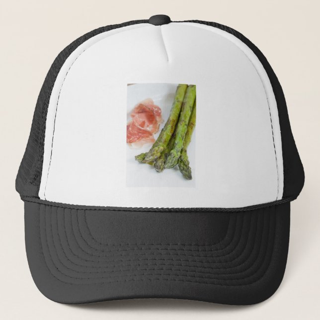 Green asparagus with ham and sauce trucker hat (Front)