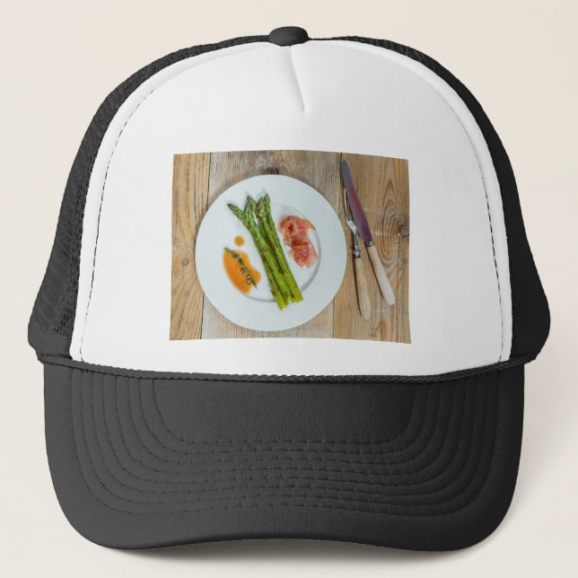 Green asparagus with ham and sauce trucker hat (Front)