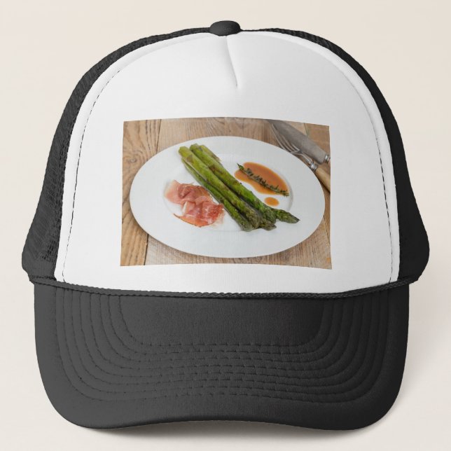 Green asparagus with ham and sauce trucker hat (Front)