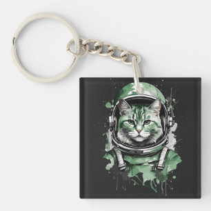 Green Astronaut Cat Splash Key Ring