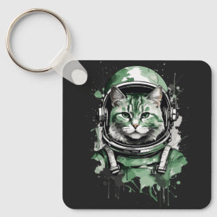 Green Astronaut Cat Splash Key Ring