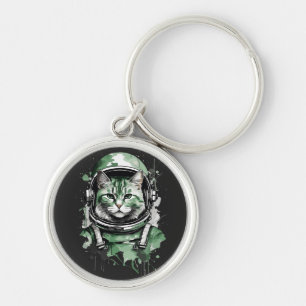 Green Astronaut Cat Splash Key Ring