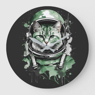 Green Astronaut Cat Splash Large Clock