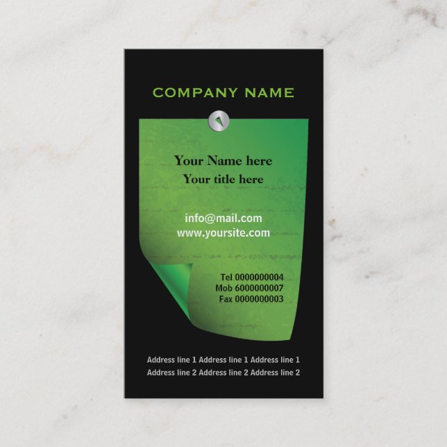 Green attached note black custom business card (Front)