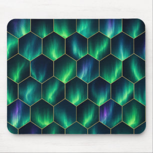 Green Aurora Borealis Hexagon Pattern Mouse Pad