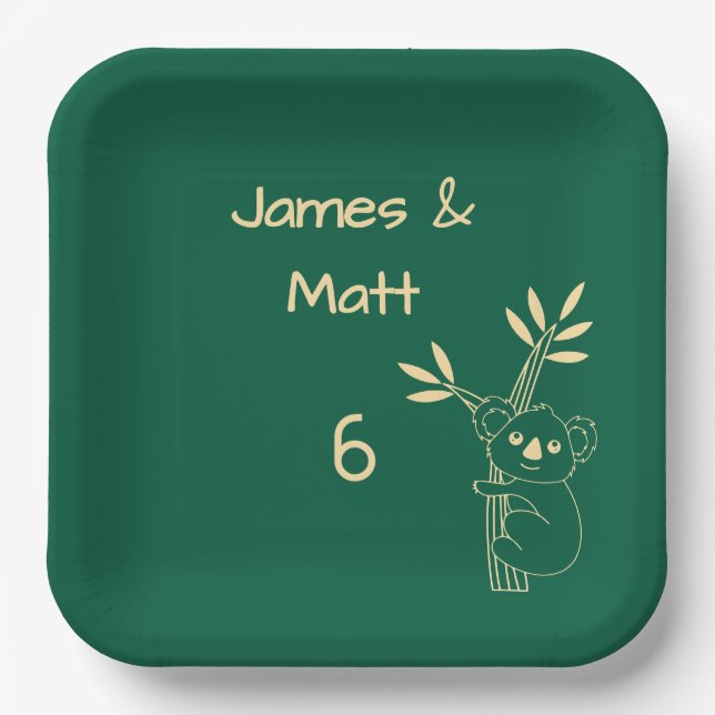 Green Australian Animals Twin 6th Birthday  Paper Plate (Front)