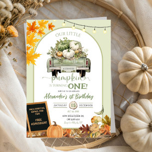 Green Autumn Leaves Little Pumpkin Truck Birthday Invitation