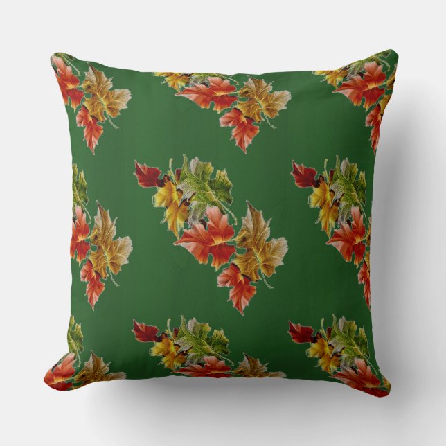 Green Autumn Leaves Pattern Throw Pillow (Front)