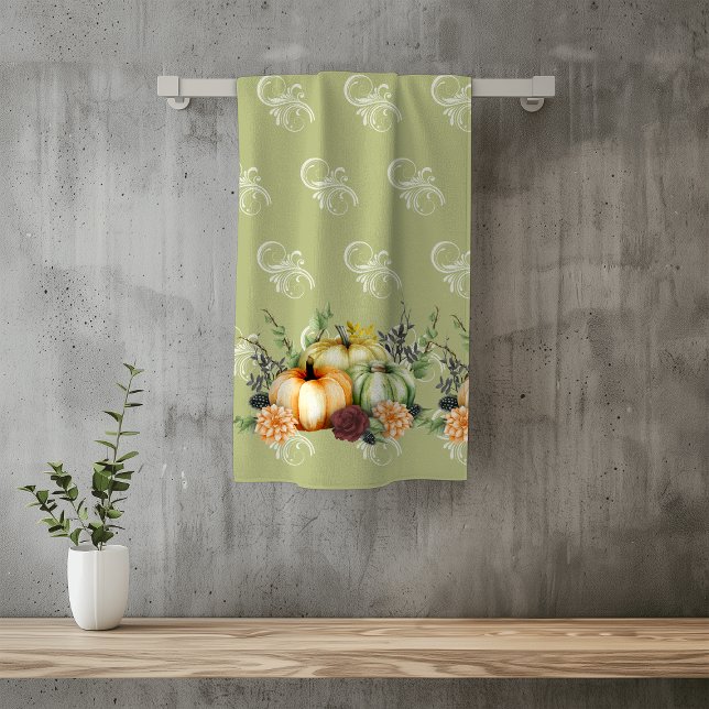Green Autumn Pumpkin Watercolor Thanksgiving Bath  Bath Towel Set (Creator Uploaded)