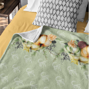 Green Autumn Pumpkin Watercolor Thanksgiving Fleece Blanket