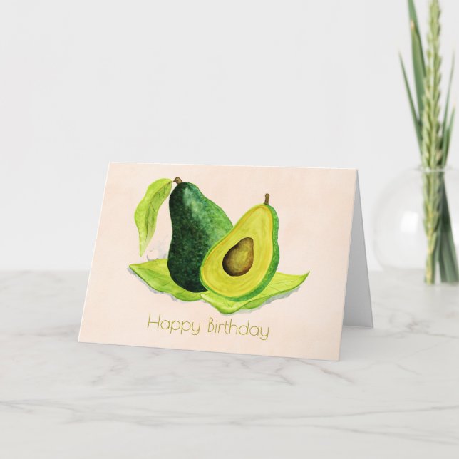 Green Avocado Fruit in Watercolors Happy Birthday Card (Front)