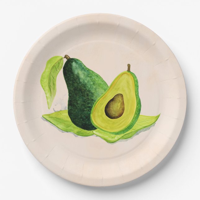 Green Avocado Still Life Fruit in Watercolors Paper Plate (Front)