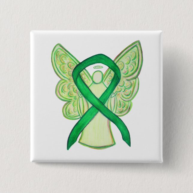 Green Awareness Ribbon Angel Custom Art Pins (Front)