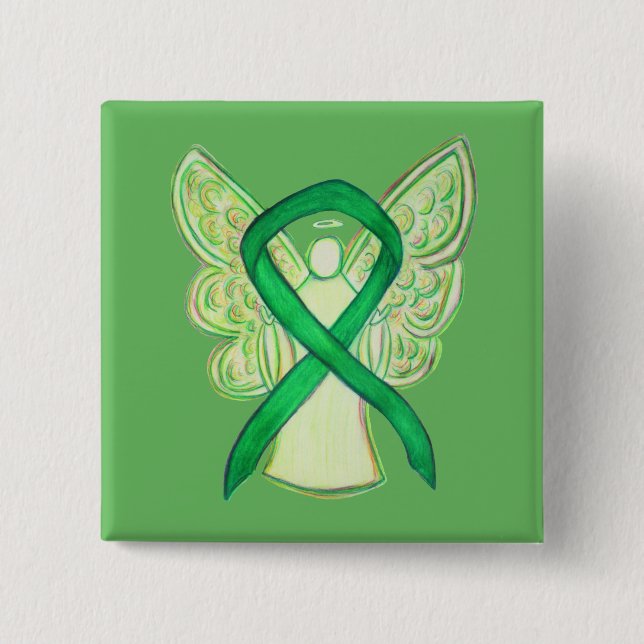 Green Awareness Ribbon Angel Custom Art Pins (Front)