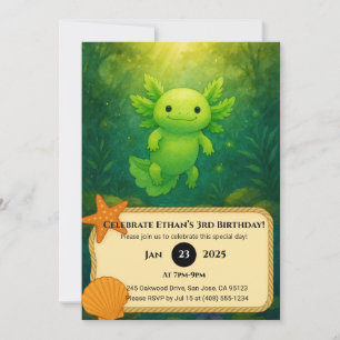 Green Axolotl in Enchanted Forest Birthday Invitation