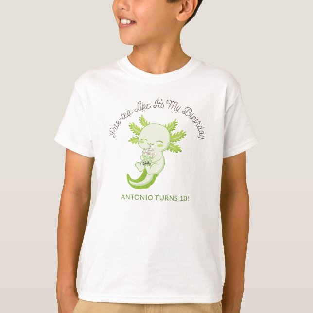 Green Axolotl Kids Birthday Party Boba Tea Par-tea T-Shirt (Front)