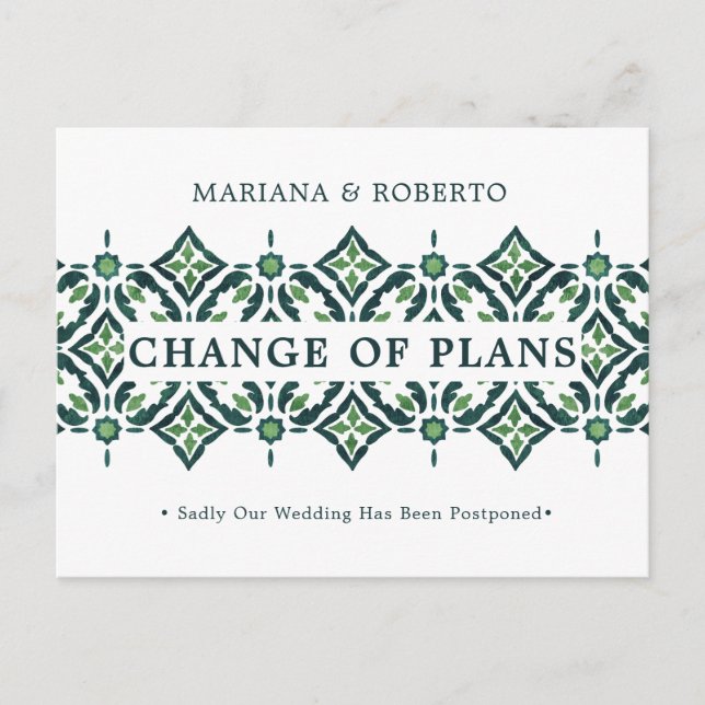 Green Azulejo | Spanish Tile LACE CHANGE OF PLANS Announcement Postcard (Front)