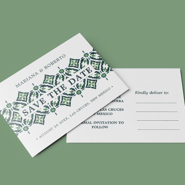 Green Azulejo  Spanish Tile LACE SAVE THE DATE Ann Announcement Postcard (Creator Uploaded)