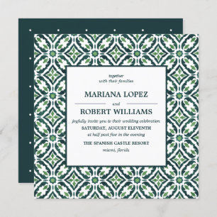 Green Azulejo   Spanish Tile Pattern Wedding Invitation