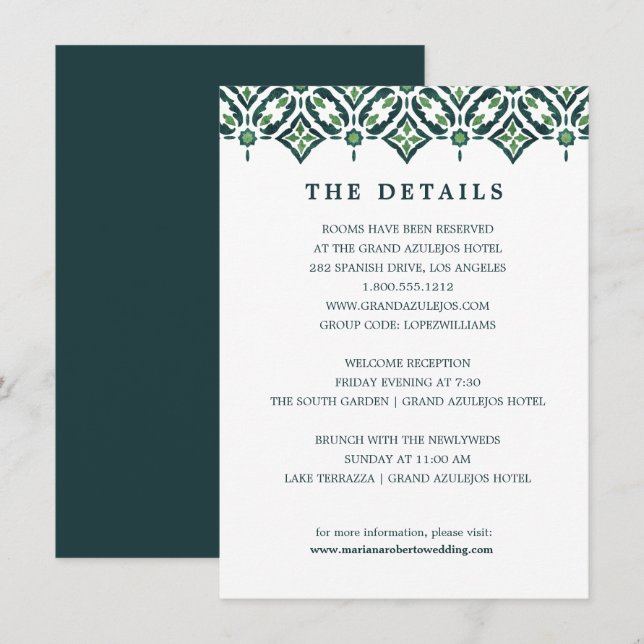 Green Azulejo | Spanish Tile wedding DETAILS Invitation (Front/Back)