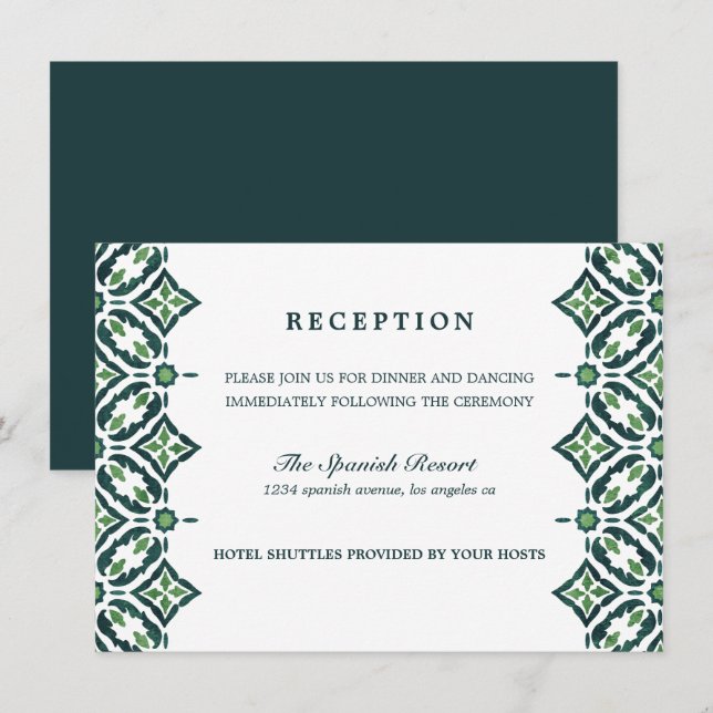 Green Azulejo | Spanish Tile wedding Reception Invitation (Front/Back)