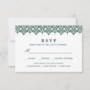 Green Azulejo   Spanish  WEDDING RSVP MEAL CHOICE Card