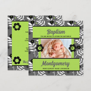 Green Baby Baptism with Monogram and Photo Invitation
