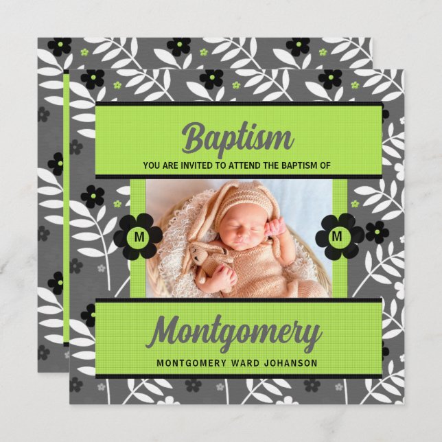 Green Baby Baptism with Monogram and Photo Invitation (Front/Back)