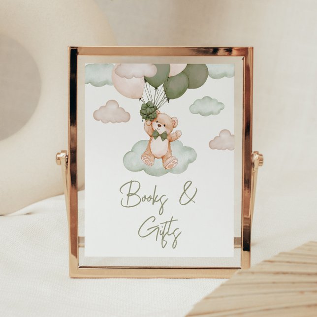 Green Baby Bear Balloon Baby Shower Books & Gifts Poster (Green Bear Balloon Bearly Wait Baby Shower Books and Gifts Sign)
