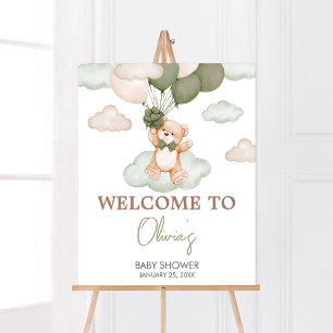Green Baby Bear Balloon Baby Shower Welcome Poster