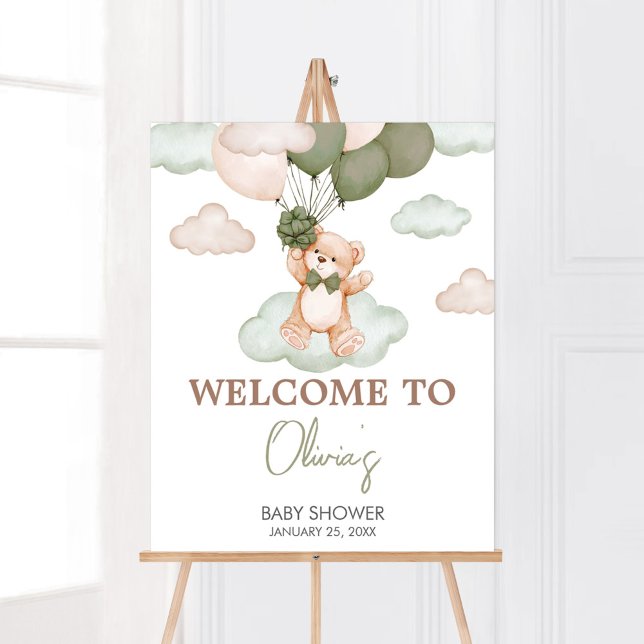 Green Baby Bear Balloon Baby Shower Welcome Poster (Green Bear Balloon Bearly Wait Baby Shower Welcome Sign)