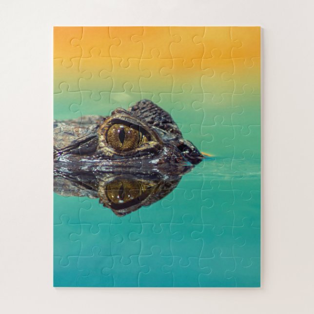 Green Baby Crocodile in Water with Blue and Orange Jigsaw Puzzle (Vertical)
