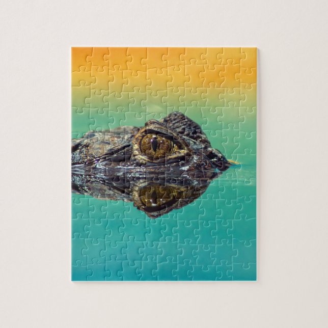 Green Baby Crocodile in Water with Blue and Orange Jigsaw Puzzle (Vertical)