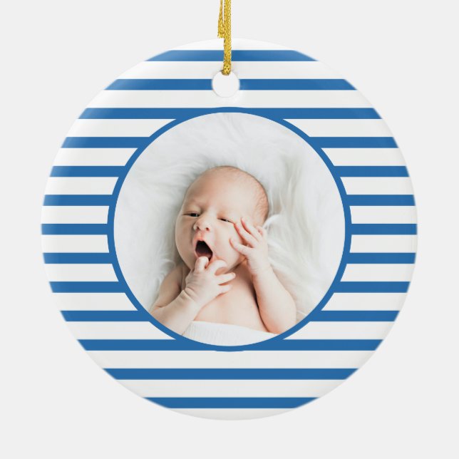 Green Baby Dino | First Christmas Blue Stripe Chic Ceramic Tree Decoration (Back)