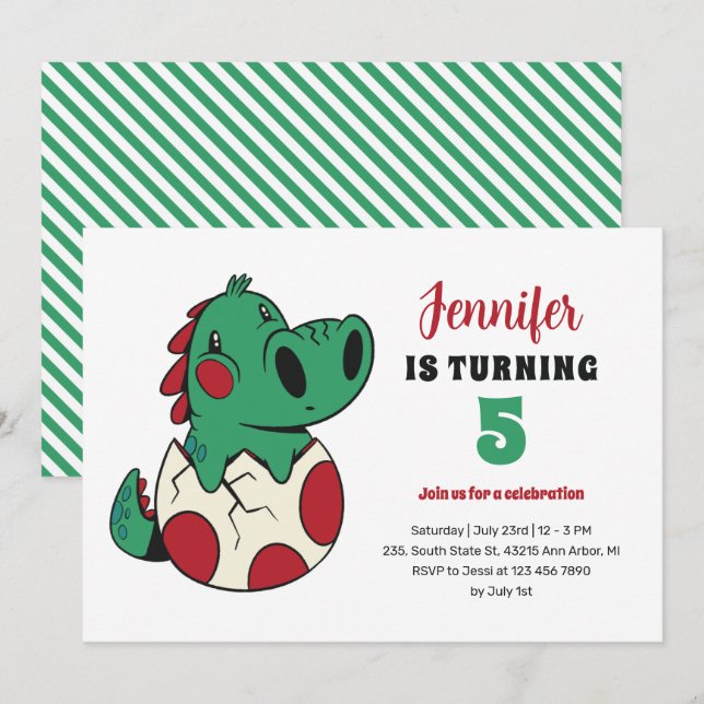 Green Baby Dino in Egg Cute Kids Dinosaur Birthday Invitation (Front/Back)